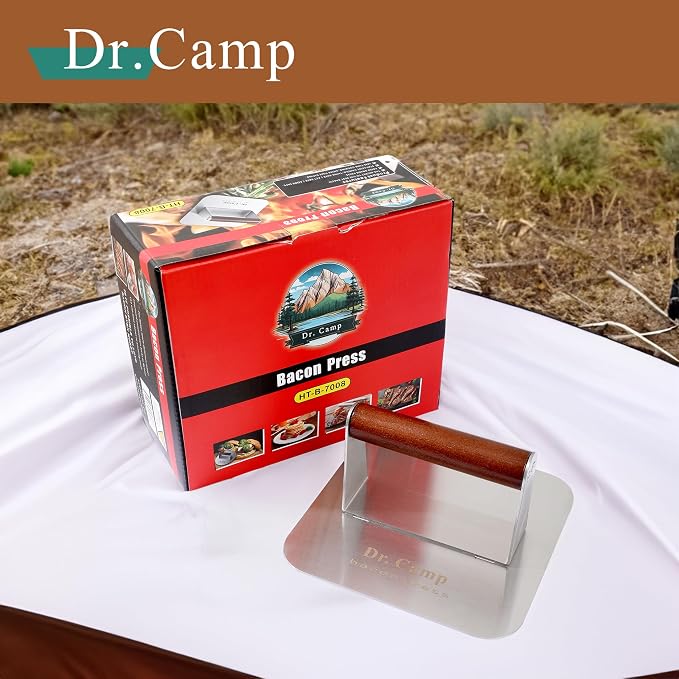 Dr.Camp 7 Inch Stainless Steel Burger Press with Real Wood Handle Heavy Duty Bacon Press Grill Press for Griddle Flat Top Smash Burger Press Hamburger Smasher Meat Press (Square)