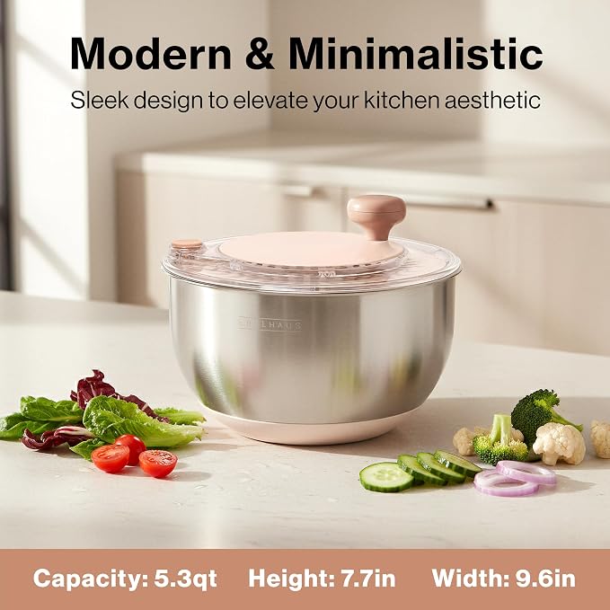 Salad Spinner Stainless Steel - Lettuce Fruit Vegetable Washer | 5.3Qt BPA-Free, Stop Button, Crank Handle & Drain Spout - Kitchen Colander Produce Cleaner, Non-Slip, Dishwasher Safe