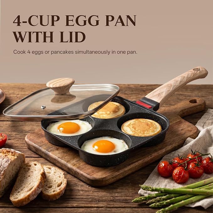 Egg Pan with Lid 4 Cup Nonstick Egg Frying Pan Omelette Skillet | Aluminum 4-Hole Omelette Pan with Glass Lid, Spatula, and Silicone Brush. Works for Breakfast Eggs, Bacon, and Mini Pancakes.
