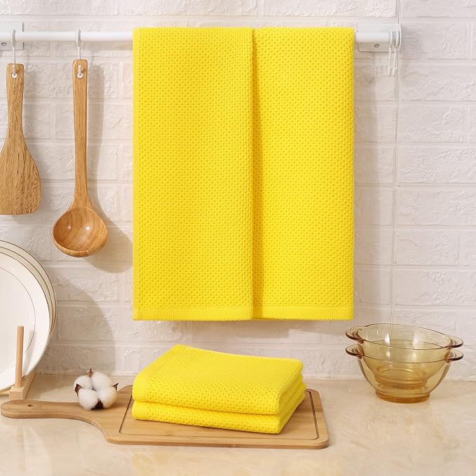 Kitinjoy 100% Cotton Waffle 4-Pack Kitchen Towels, 13" x 28", Yellow | Super Soft, Ultra-Absorbent, Fast Drying, lightweight, Quick Drying Kitchen Hand Towels