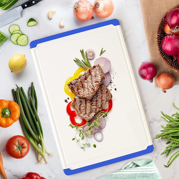 Extra Large Plastic Cutting Board for Kitchen - Blue 18-Inch Dishwasher Safe Chopping Board, Reversible Cutting Board with Juice Groove + Non Slip Feet for Meat, Fruit, Vegetables by Belwares
