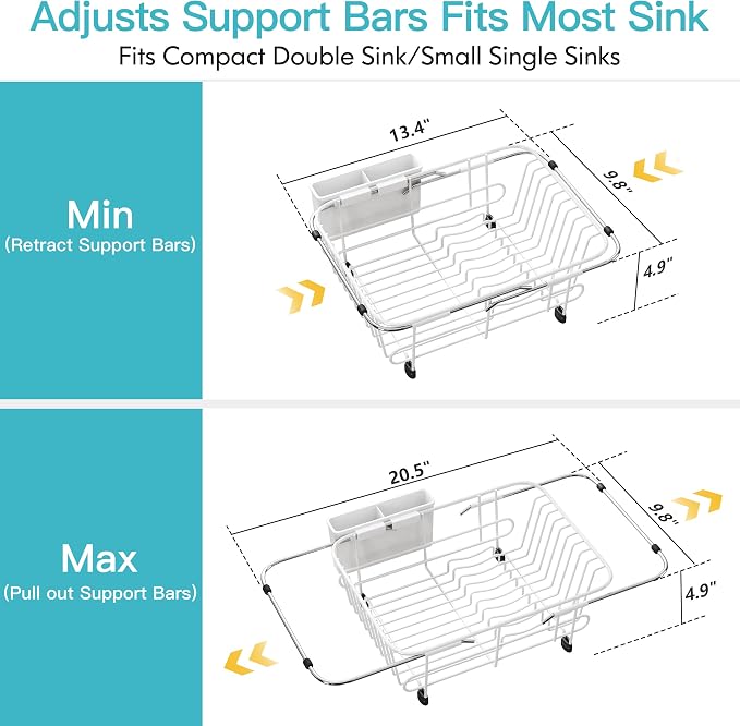 JASIWAY White Dish Drying Rack in Sink with Utensil Holder, RV, Apartment | Over Sink Expandable Stainless Steel Dish Drainers for Compact Kitchen, Space Saving, Fast Drain, Rustproof, For 1-2 people
