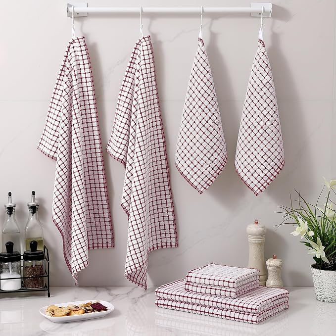 Homaxy Kitchen Towels and Dishcloths Set, Set of 12, Burgundy | Cotton Terry Kitchen Dish Towels, Super Soft and Absorbent Dish Cloths, 16 x 25 and 12 x 12 Inches