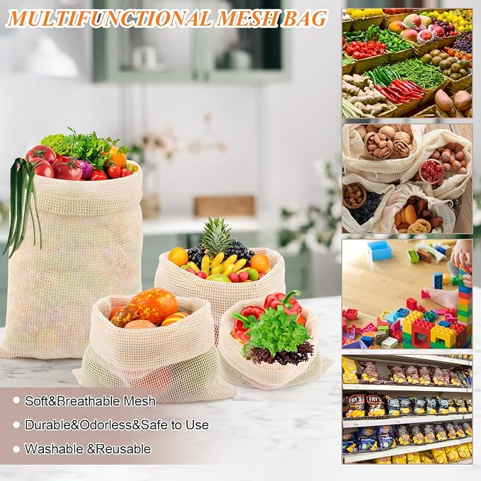 8 Pack Reusable Produce Bags, Mesh Produce Bags, Mesh Bags For Vegetables | Reusable Produce Bags Cotton Washable for Refrigerator Grocery Fruits Veggies Shopping, Transporting, Storing (2XL,2L,2M,2S)