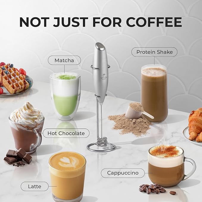 Zulay Kitchen Powerful Milk Frother Wand With Duracell Batteries - Ultra Fast Handheld Drink Mixer - Electric Whisk Foam Maker for Coffee, Lattes, Cappuccino & Matcha - Triple Whisk - Luminous Silver