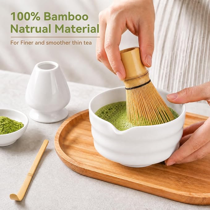 Matcha Whisk Set with Classic White Ceramic Bowl - Complete Matcha Making Kit, Bamboo Whisk (Chasen), Matcha Powder Sifter, Scoop, Whisk Holder, Japanese Tea Ceremony Tools
