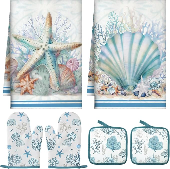 Jingmore 6 Pcs Kitchen Decor Set Accessorie Farmhouse Kitchen Towels Pot Holders and Oven Mitts Set 2 Dish Towels 2 Pot Holders 2 Cooking Mitten Oven Glove for Cooking(Blue,Coastal Starfish Shells)