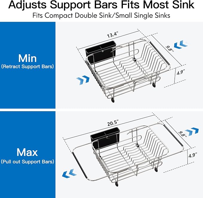 JASIWAY Sink Small Dish Drying Rack with Utensil Holder, for RV, Apartment | Over Sink Expandable Stainless Steel Dish Drainers for Compact Kitchen, Space Saving, Fast Drain, Rustproof, For 1-2 people