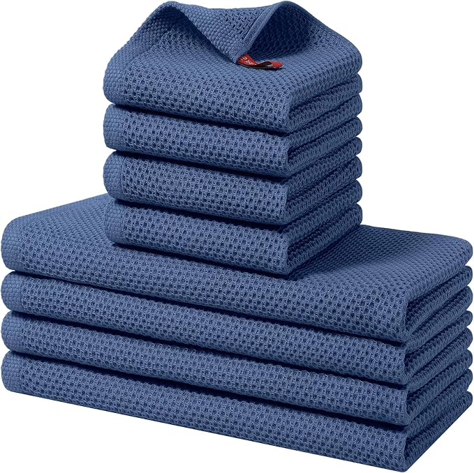 Homaxy 8 Pack 100% Cotton Kitchen Towels and Dishcloths Set, Navy Blue | 12 x 12 Inches and 13 x 28 Inches Kitchen Towels Set, Ultra Soft Absorbent Dish Cloths for Washing Dishes