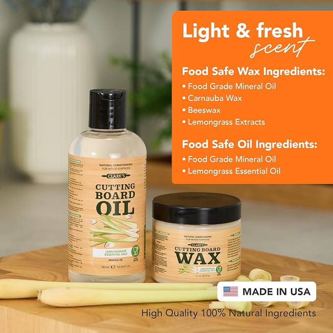 CLARK'S Cutting Board Oil & Wax Kit, Lemongrass Scent - Set of 2 | Includes Food Grade Mineral Oil (12oz), Cutting Board Wax (6oz) for Cutting Boards, Butcher Blocks & Kitchen Wooden Utensils