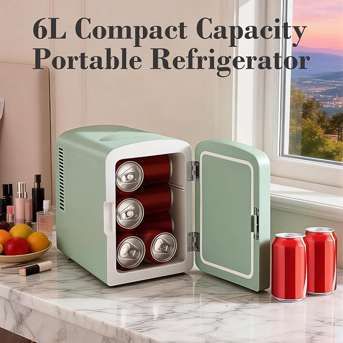 Mini Fridge, 6 Liter /9 Cans Makeup Fridge with Dimmable LED Mirror - Green | Compact Mini Skincare Fridge for Beauty & Beverages, Dual-use Portable Tiny Fridge for Bedroom, Desk, Office, Home, Car, Gift