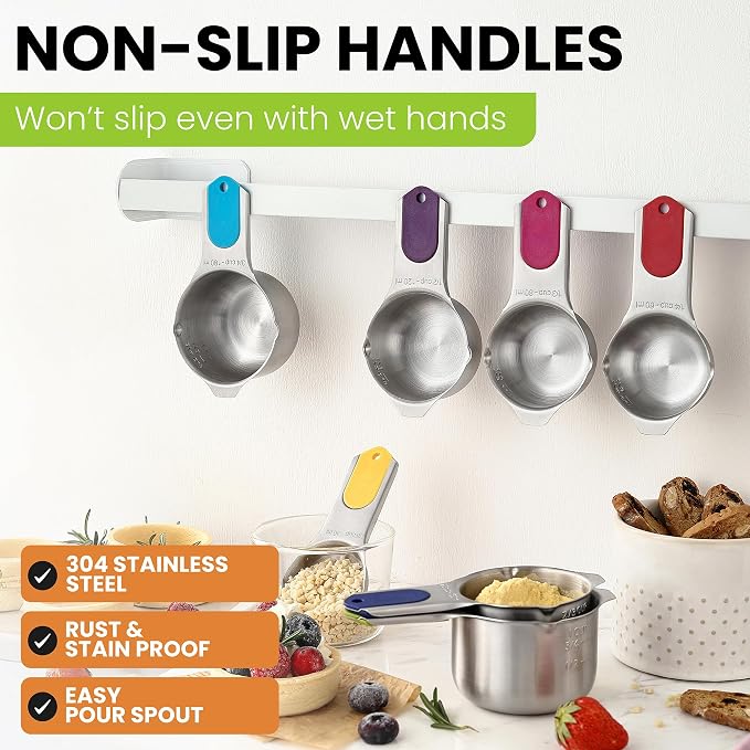 Spring Chef Magnetic Stainless Steel Measuring Cups Set of 7, Multicolor | Patented Metal Measuring Cups for Measuring Dry or Liquid Ingredients, Easy to Read Markings, Dishwasher Safe Magnetic Cups