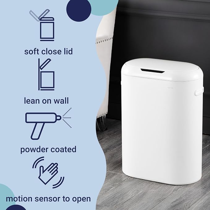 happimess 13.2 Gal Oval Motion Sensor Trash Can, Cotton White | Oval, Motion Sensor, Touch Mode, Soft Close Lid, Powder Coated Iron, 17.7" W x 9.84" D x 24.2" H