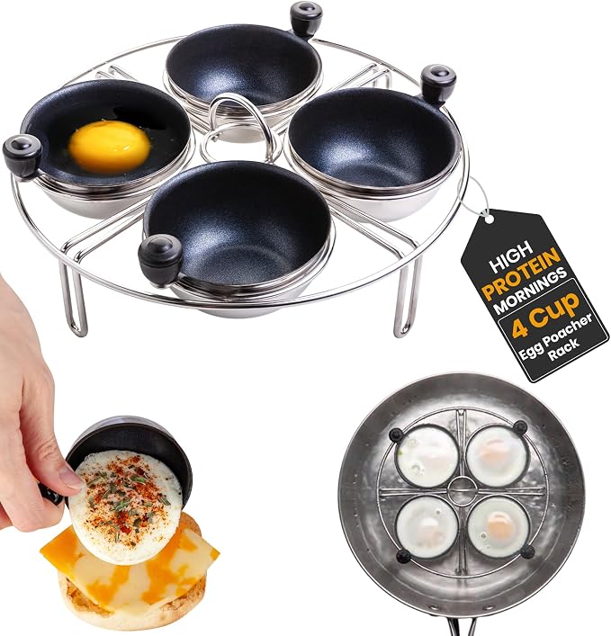Egg Poacher Insert Stainless Steel Poached Egg Cooker Eggs Poaching Cup PFOA Free Egg Poachers Nonstick, 7.25" Rack Compatible with Current Cookware, Skillets & Instant Pots