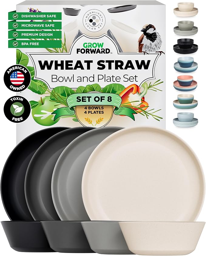 Grow Forward Premium Wheat Straw Plates and Bowls Sets - 8-Piece Wheat Straw Dinnerware Sets - Unbreakable & Reusable Microwave Safe Plastic Dinner Plates for Outdoors, RV, Camping Dishes - Moonlight