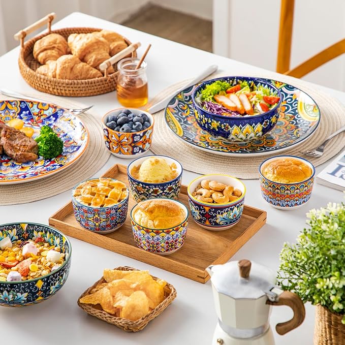 vancasso 6 Oz Ramekins Oven Safe Set of 6, Ceramic Baking Souffle Dishes | Bohemian Ramekins for Creme Brulee, Souffle, Custard, Pudding, Small Bowls for Dipping Sauce, Ice Cream