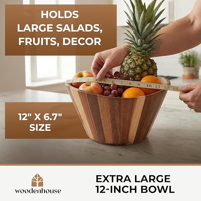 Extra Large Wooden Salad Bowl, Acacia 12" Multi-Purpose Serving Fruit Bowl | Durable wavy handmade design; 6.36 qt; doubles for home decor, storage, candy or yarn on the kitchen counter