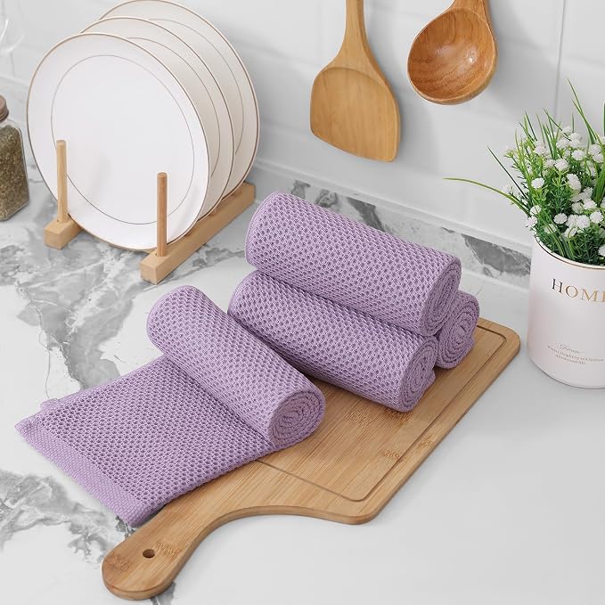 Kitinjoy 100% Cotton Waffle 4-Pack Kitchen Towels, 13" x 28", Lavender | Super Soft, Ultra-Absorbent, Fast Drying, lightweight, Quick Drying Kitchen Hand Towels