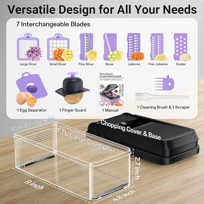 12-in-1 Vegetable Chopper with 7 Blades, Food Veggie Cutter, Purple | Includes Egg Separator, Food Container and Finger Guard, Non-slip Base, for Chopping, Slicing, Shredding, and Mincing