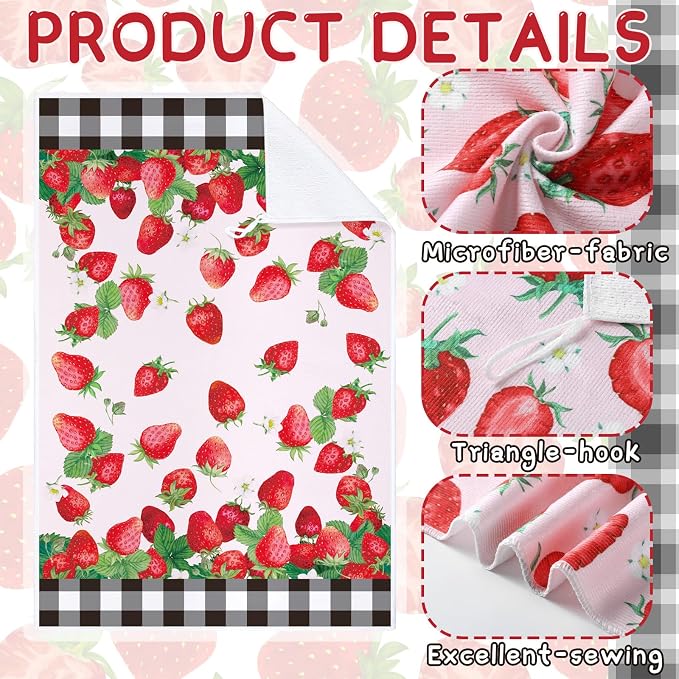 4 Pcs Strawberry Kitchen Towels Berry Hand Dish Towels Gifts | Absorbent Black Red Grid Tea Towel Fast Drying Housewarming Gift for Kitchen Bathroom Holiday Summer Strawberry Party Decor