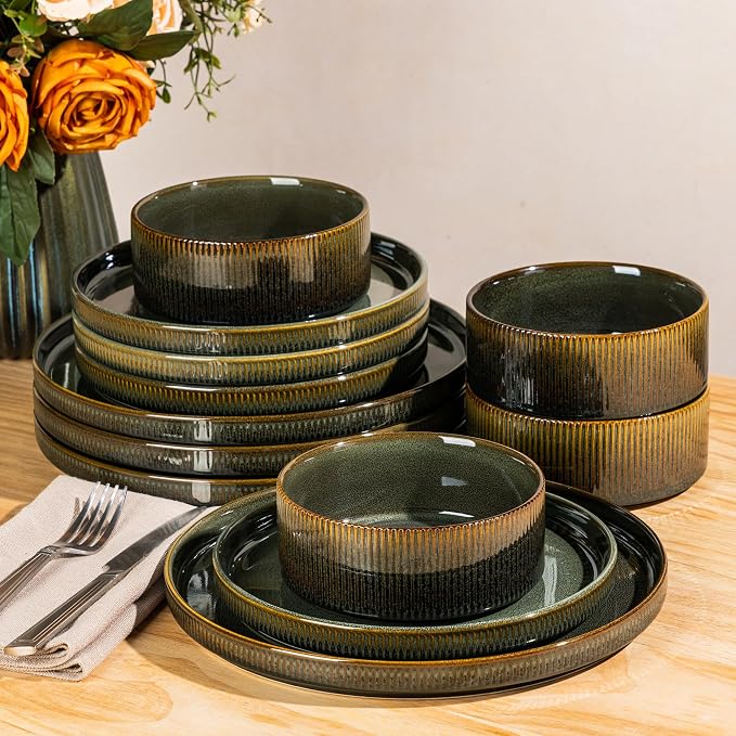 Ceramic Dinnerware Set for 4, 12-Piece Plates and Bowls Set | Lightweight Porcelain Dish Set, Scratch Resistant, Oven & Microwave & Dishwasher Safe, Olive Green
