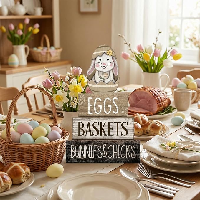 Lineshading 4 Pcs Wooden Farmhouse Tiered Tray Decor Rabbit Egg Signs | Rustic Home Decor for Shelves, Spring Easter Bunny Themed Stackable Blocks, Farmhouse Table Centerpiece Gift