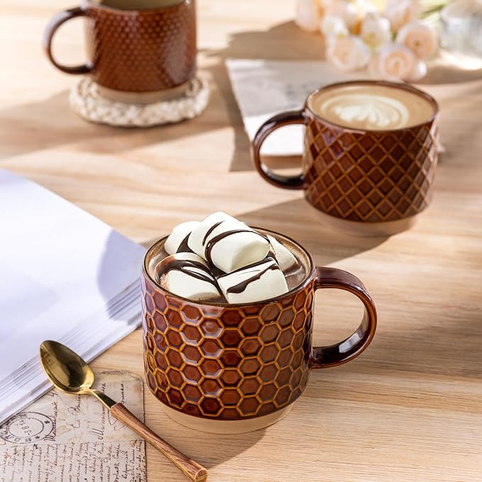 GBhome 15 OZ Stackable Coffee Mugs Set of 4, Ceramic Coffee Cups Set | 4 Assorted Designs, Embossed Mugs with Texture Patterns for Tea/Coffee, Dishwasher&Microwave Safe, Caramel