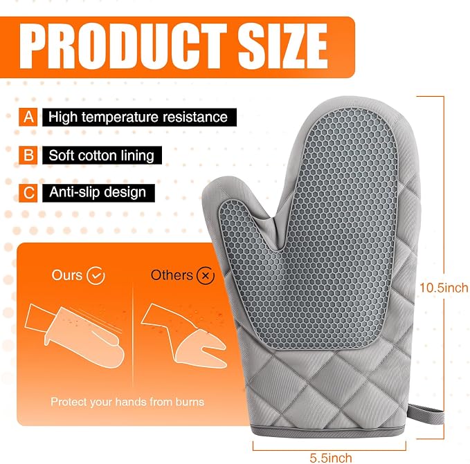 Silicone Oven Mitts, Heat Resistant 2PCS Oven Mitts with Soft Cotton Lining, Waterproof Non-Slip Grip Oven Glove, Kitchen Potholder Mits for BBQ, Baking, Cooking, 10.5Inch - Dark Grey