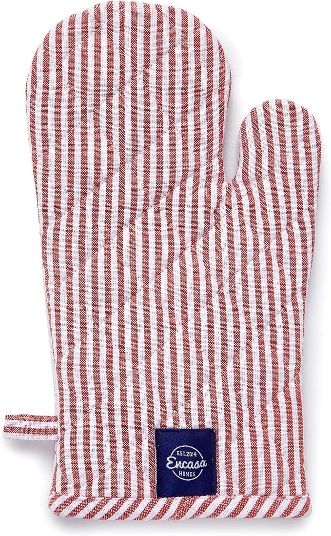 Encasa XO Oven Mitts, Heat Resistant Kitchen Gloves, Microwave | Ticking Red, 100% Cotton | Diamond Quilted Insulation | Pot Holders | Hanging Loop | Barbecue & Grill | Set of 2