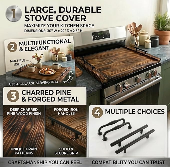 Noodle Board Stove Cover, 30 x 22 Inch Wooden Stove Top Cover with Handles, Pine Wood Stovetop Cover with Cross-Grain Dovetail Design for Extra Counter Space, Brown