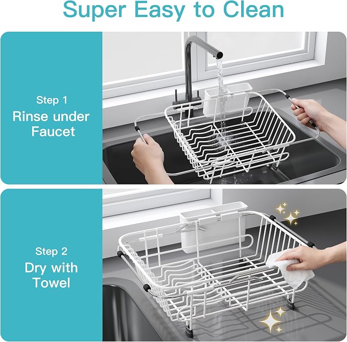 JASIWAY White Dish Drying Rack in Sink with Utensil Holder, RV, Apartment | Over Sink Expandable Stainless Steel Dish Drainers for Compact Kitchen, Space Saving, Fast Drain, Rustproof, For 1-2 people