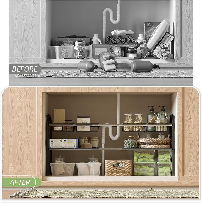 Under Sink Organizers and Storage,Expandable under cabinet organizer Shelf | 2 tier expandable shelf for kitchen,bathroom,4 Removable ABS Panels and 4 Baskets,Adjustable partition height,20.7-32.3" W