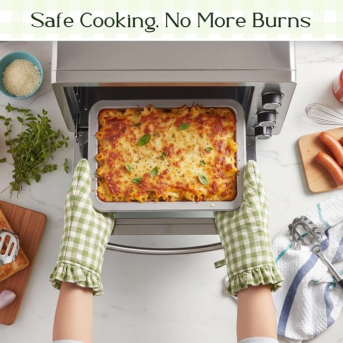 Twistover Checkered Oven Mitts 2-Pack Set, Cotton Gloves,Green | 13.5x6.5 Inch Size with Ruffle Trim, Non-slip Heat Resistant for Baking BBQ Microwave, Plaid Cotton for Cooking