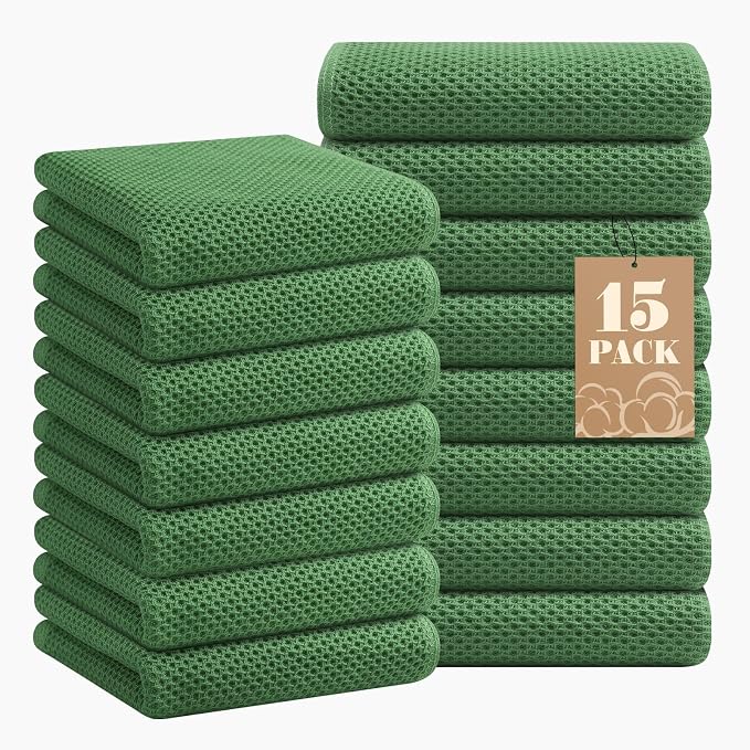 Homaxy 100% Cotton Waffle Weave Kitchen Towels, 15-Pack, Grass Green | Ultra Soft Absorbent Dish Towels, Quick Drying Cleaning Towels, 13 x 28 Inches