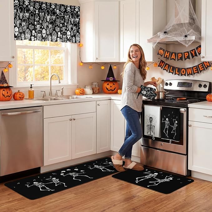 Fourluoo 16 Pcs Black Halloween Kitchen Decor Set Skeleton Towels Rugs | Dishcloths Pot Holders, Non Slip Floor Mats, Heat Resistant Mitts, Scary Curtains, Spooky Gothic Home Decor Accessories