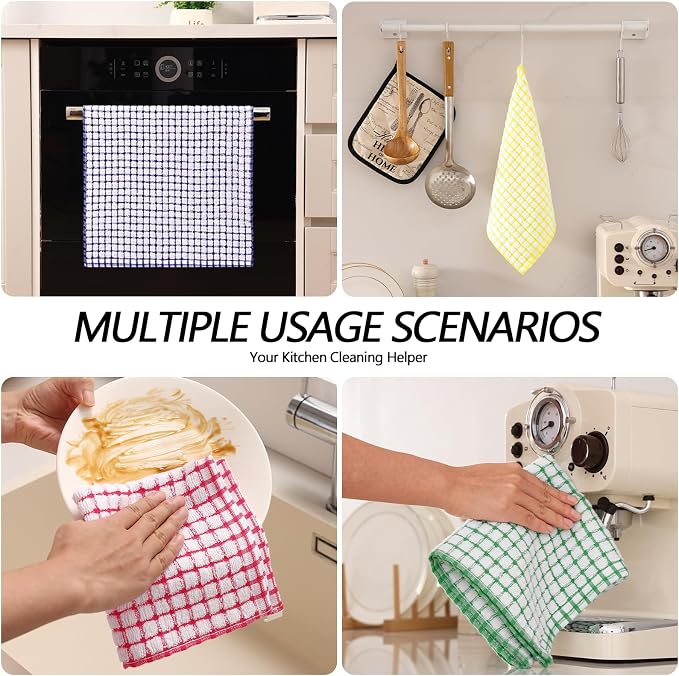 Homaxy Kitchen Towels and Dishcloths Set (16”x 25” and 12”x 12”, 12 Pack) | Cotton Terry Kitchen Dish Towels, Super Soft and Absorbent Dish Cloths, Black/Grey/Yellow/Green