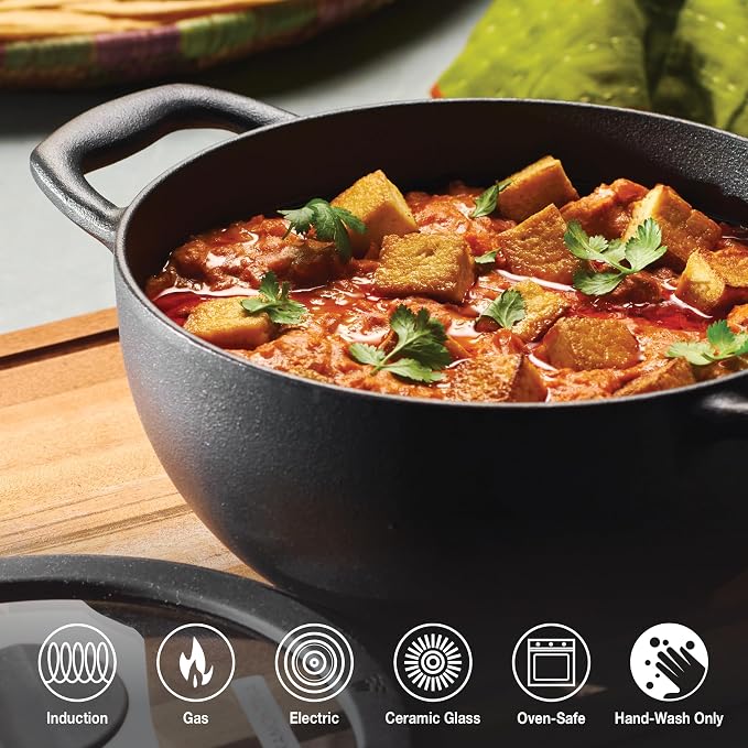 Tramontina Utsava Pre-Seasoned Cast Iron 2.3-Quart Kadai with Lid | Small Kadhai Pot for Indian Cooking