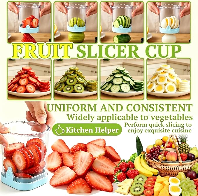 Hendiy Strawberry Slicer with Stainless Steel Blades | Egg & Fruit Slicer Cup for Banana, Cucumber, Mushroom | ABS Detachable Kitchen Gadget - Precision Berry Cutter Tool (Blue, 1-Pack)