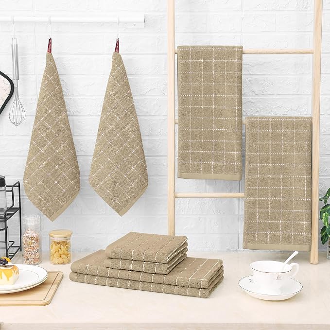 Homaxy Kitchen Towels and Dishcloths Set, Set of 12, Tan | Bulk Cotton Terry Kitchen Towels, Checkered Designed, Soft and Super Absorbent Dish Towels, 12 x 12 and 13 x 28 Inches