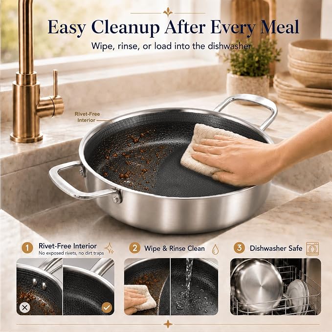 DELARLO Saute Pan 8QT, Frying Pan Nonstick with Lid, Tri-ply Stainless Steel Skillet, Large Braiser Induction, Everyday Pans, Heavy Duty Style, Compatible with All Cooktops Up to 660℉