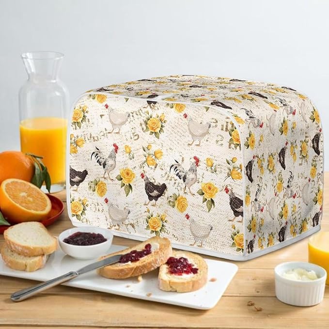 Flowers Rooster Printed Toaster Cover 4 Slice Long Slot, Vintage Bread Maker Cover Washable Dust Protection Kitchen Small Appliance Covers with Top Hook