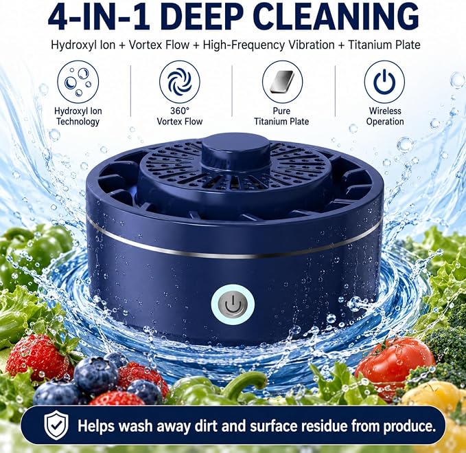 Fruit and Vegetable Washing Machine, Portable Produce Purifier with Hydroxyl Water Ion Technology & Pure Titanium Electrolysis Plate, IPX7 Waterproof Wireless Fruit Cleaner for Meat, Seafood