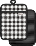 100% Thick Cotton Pot Holders Ribbed Soft Silicone Black Gingham | Stylish Pot Holders with Pockets, Ribbed Soft Silicone, Machine Washable Non-Slip Heat Resistant Hot Pads 2pcs, Kitchen Gift