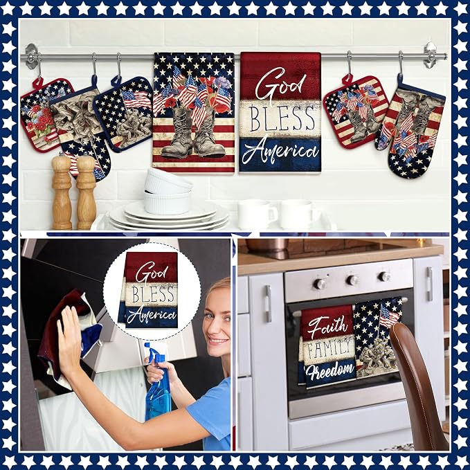 SiliFine 12 Pcs 4th of July Kitchen Decorations Set Patriotic Kitchen Towels Oven Mitts Pot Holders American Flag Themed Cooking Baking Home Accessories for Independence Day Memorial Day