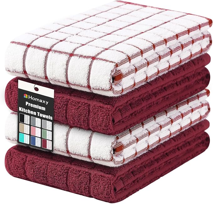 Homaxy Large Premium Cotton Kitchen Towels 16"x 28", 4 Pack, Red | Natural Ring Spun 390 GSM Dish Towels, Super Absorbent Terry Kitchen Hand Towels, Soft Tea Towels with Hanging Loop