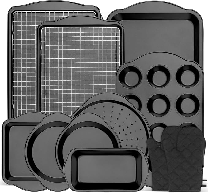 13 PCS Nonstick Bakeware Set - Carbon Steel Baking Pans Set with Dual Handles, Includes Roasting Pan, Pizza Pan, Cookie Sheet, Cake Pans, Muffin Pans, Cooling Rack, Oven Mitts, Non-Toxic