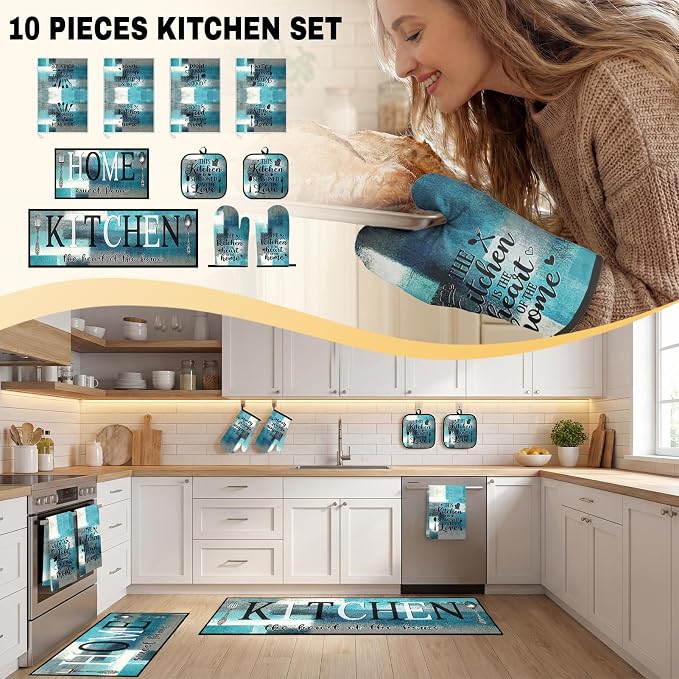 10 Pcs Kitchen Decor and Accessories Set, Farmhouse Teal | 4 Dish Towels Kitchen Rugs 2 Oven Mitts 2 Pot Holders, Home Decor for Cooking Baking BBQ Gifts Women Mom Housewarming