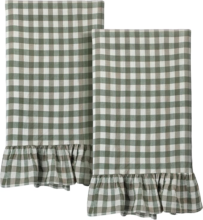 HunnmingRe 2 Pcs Sage Green Gingham Kitchen Towels Cotton Ruffled | Checked Dish Towels 18"x28" Tea Cloths Plaid Cottage Core Kitchen Decor for Farmhouse Charm Drying Dishes Entertaining Guests