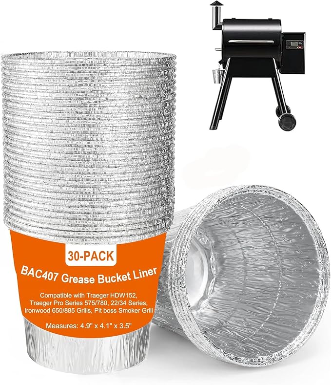 30 Pack BAC407 Grease Bucket Liner for Traeger HDW152 - Bucket Drip Foil Liner Tray Compatible with Traeger Pro Series 575/780, 22/34 Series, Ironwood 650/885 Grills, Pit boss ect.