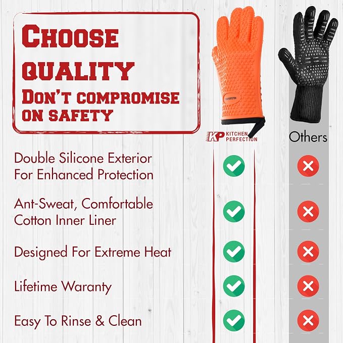 KITCHEN PERFECTION XL Silicone Griddle Gloves - Heat Resistant Oven Mitts | Waterproof, 5-Finger Design For A Better Grip, Best Griddle Grilling Accessories, Compatible with Blackstone, Weber & More